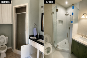 Before-and-after tub-to-shower conversion with a glass shower enclosure