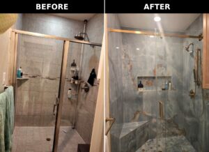 Before-and-after shower remodel with new tile and a recessed niche