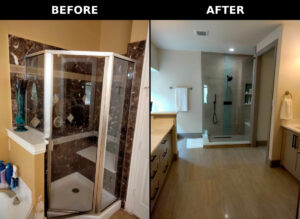 Before-and-after shower remodel replacing a framed enclosure with clear glass