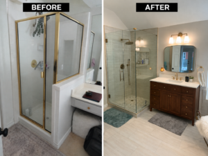 Before-and-after bathroom remodel with a glass shower and wood vanity