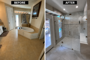 Before-and-after bathroom remodel replacing a built-in tub with a walk-in shower