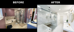 Before-and-after bathroom remodel with a glass shower and white tub