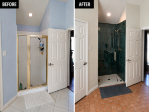 Before-and-after shower remodel replacing gold-framed glass with a dark tile shower