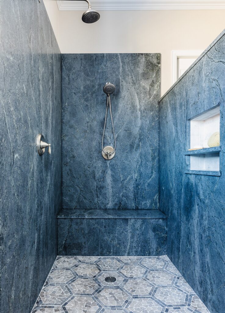 blue soapstone slab shower