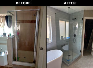 Before-and-after shower remodel replacing brown tile with a glass-enclosed shower