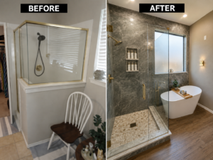 Before-and-after bathroom remodel with a dark tile shower and freestanding tub