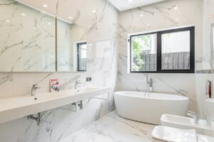 Master bath remodel marble looking porcelain tile
